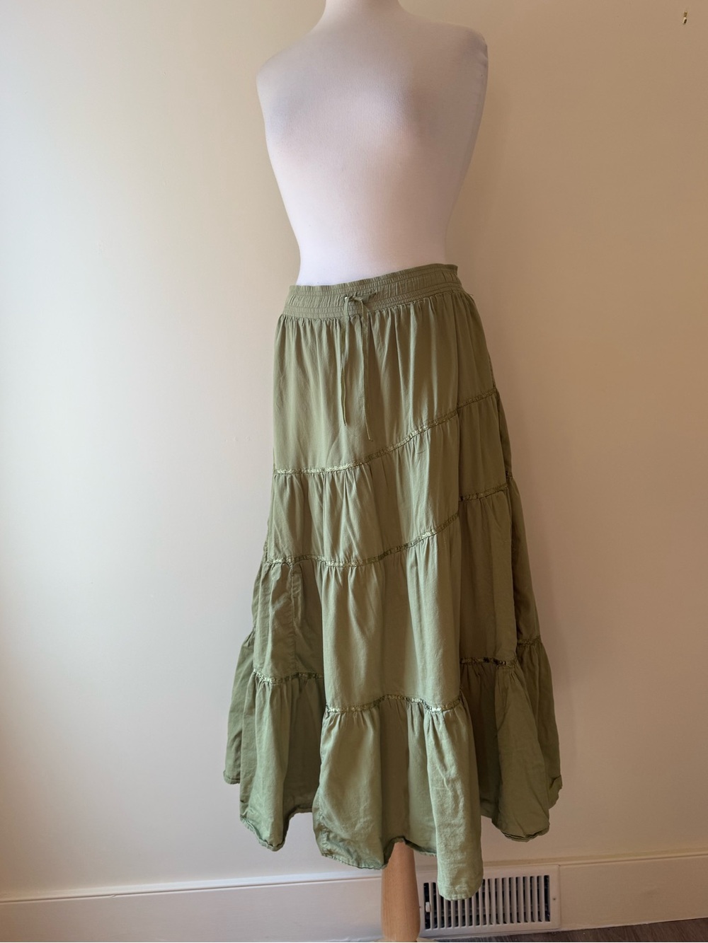 Vintage 90s India Cotton Sage Green Tiered Maxi Skirt